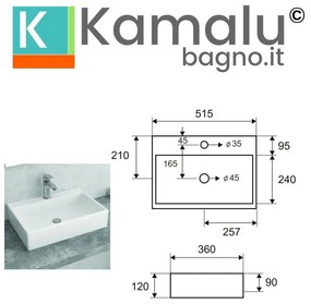 Kamalu - lavandino da appoggio rettangolare 50 cm litos-250