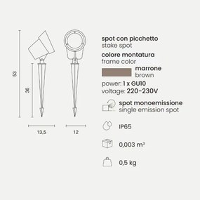 Lampada spot GURU 12x53 cm a picchetto per esterni in alluminio Marrone