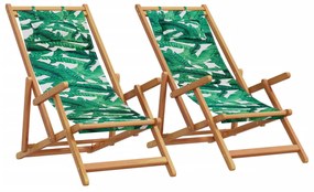 Sedie Da Spiaggia Pieghevoli 2 Pz Motivo Foglie Tessuto E Legno /