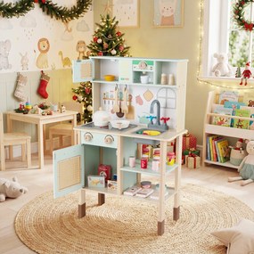 Costway Cucina da gioco in legno per bambini con luci e suoni, Set cucina giocattolo con accessori forno lavandino acqua macchina da caffè 3+ anni Verde