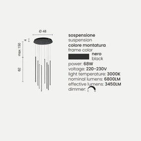 Lampada a sospensione Led verticale 48 cm in metallo verniciato Nero - GENIUS 8 Luci
