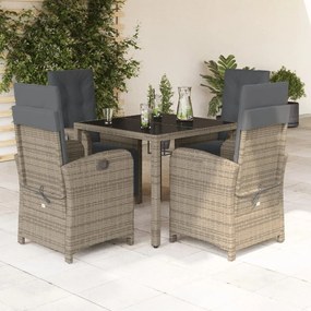 Set da pranzo da giardino 5 pz con cuscini in polyrattan grigio