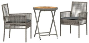 Set bistro da giardino a 3 pezzi con cuscini grigio in rattan sintetico