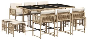 Set da pranzo da giardino 11 pz con cuscini beige in polyrattan