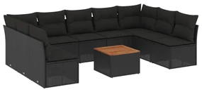 Set divani da giardino 10pz con cuscini in polyrattan nero