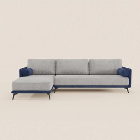 Basalto divano bicolore angolare con penisola e base in metallo - schienali in piuma e tessuto smacchiabile T31