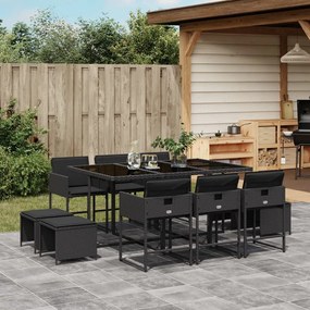 Set da pranzo da giardino 11 pz con cuscini in polyrattan nero