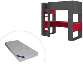 Letto a soppalco gamer + materasso + scrivania con LED e vani integrati 90 x 200 cm Antracite e Rosso - NOAH