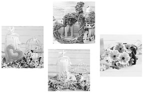 Set di quadri – Lanterne in bianco e nero con bouquet