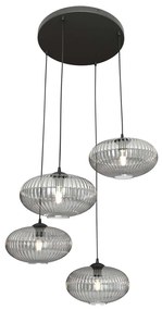 Lampadario 4 Luci Iris Base Tonda In Acciaio Nero Paralume Plissettato Fumè