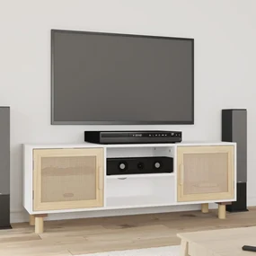 Mobile tv bianco 105x30x40 cm massello pino e rattan naturale