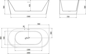 Mexen Oval vasca da bagno autoportante adiacente alla parete 180 x 80 cm, bianca, tracimazione nera - 52671808000-70