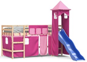 Letto a soppalco con torre bambini rosa 80x200cm massello pino
