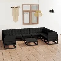 Set Divani da Giardino 10 pz con Cuscini in Pino Massello Nero 3078148