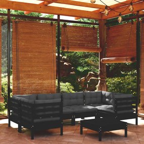 Set divani da giardino 7 pz con cuscini neri in legno di pino