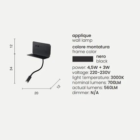 Applique STAN 20 cm in metallo con retroilluminazione LED e caricatore Usb Nero