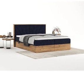 Letto boxspring con contenitore in blu scuro-naturale 200x200 cm Asahi - Maison de Rêve