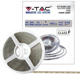 STRISCIA LED VT-3528 120LED/M 12V STRIP 5MT 8W/M BIANCO FREDDO 6500K IP65 (212037)