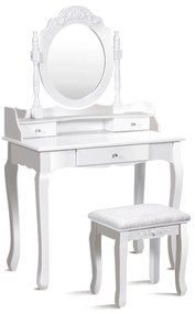 Costway Set tavolo toeletta con specchio ovale girevole a 360° e cassetti, Tavolo da trucco di legno con sgabello Bianco