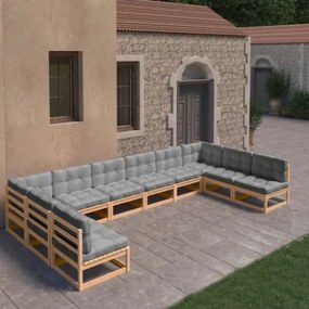 Set Divani da Giardino 10 pz con Cuscini Legno Massello di Pino