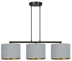 Lampadario 3 Luci Ganesha In Acciaio Nero E Paralumi In Tessuto Grigio