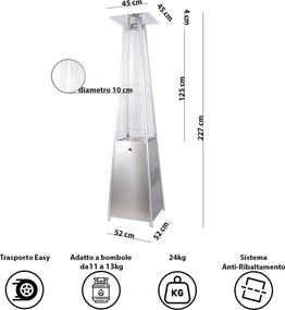 Stufa a Fungo a Gas Max 13kW Fiamma Viva Verticale 52x52x227 cm Pyramid Acciaio...