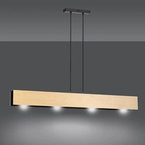 Lampadario 4 Luci Carlo In Acciaio Nero Corpo Rettangolare E Legno Naturale