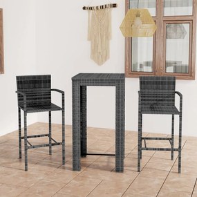 Set Bar Da Giardino 3 Pz Con Braccioli İn Polyrattan Grigio /