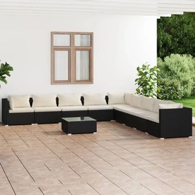Set salotto da giardino 10 pz con cuscini in polyrattan nero