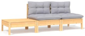 Set divani da giardino 3 pz con cuscini grigio massello di pino