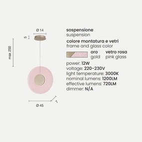 Lampada a sospensione CANDY in metallo Oro e vetro graniglia Rosa
