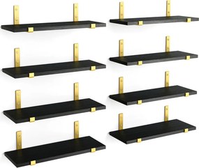 Set 8 Mensole da Parete 40x15x1,5 cm Staffe Oro Scaffalatura da Muro in Legno Nero...