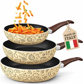Set 3 Padelle Pastella 20-24-28 cm Antiaderente Manico Soft Touch Made in Italy Beige...