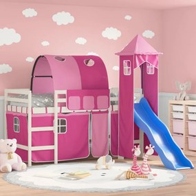 Letto A Soppalco Con Torre Bambini Rosa 90x200cm Massello Pino /