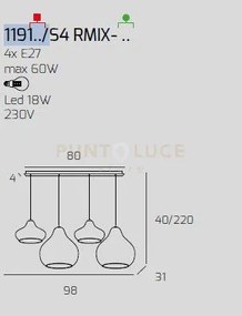 Sosp. ottone satinato 4 luci rettangolare vetri (1 x piccolo am + 1...