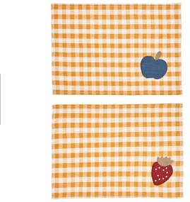 Kave Home - Set Naunet di 2 tovagliette a quadretti senape e bianchi con dettaglio frutta 100% cotone