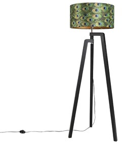 Lampada da terra treppiede nera con paralume a motivo pavone 50 cm - Puros