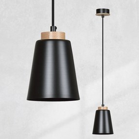 Sospensione 1 Luce Lancillotto A Cono In Acciaio Nero E Legno Naturale