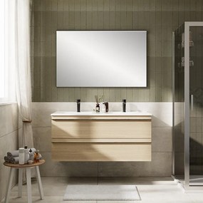 Mobile Linea L120 H55 P45 rovere natuara laminato rovere natura 2 cassetti a chiusura ammortizzata e lavabo in mineralmarmo bianco opaco doppia vasca