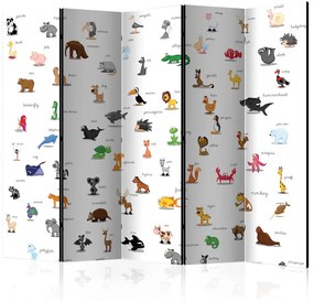 Paravento separè Animali (per bambini) II (5 parti) - composizione colorata con scritte