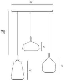 LAMPADA A SOSPENSIONE A 3 LUCI 1 VETRO FUME' - 1 VETRO MIELE - 1 VETRO CIELO