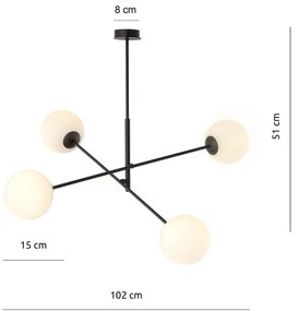 Lampadario 4 Luci Yama In Acciao Nero Con Bracci Regolabili E Vetro Opale