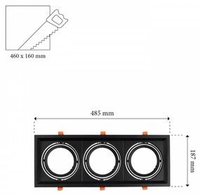 Faro da Incasso Orientabile Nero - 3 lampade AR111, Foro 460x160mm Compatibili AR111 GU10