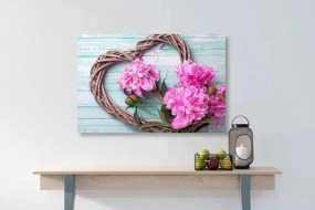 Stampa su tela – Peonie su cuore di legno