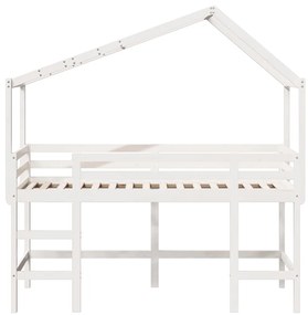 Letto soppalco con scala e tetto bianco 80x200 cm massello pino