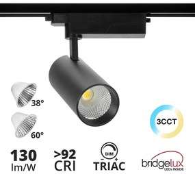 Faro LED 40W Dimmerabile Triac Binario Monofase 38°/60° Nero CCT CRI92 Colore Bianco Variabile CCT