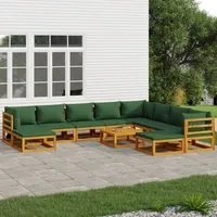 Set Salotto da Giardino 11pz con Cuscini Verdi Legno Massellocod mxl 124224