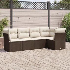 Set Divano da Giardino 5 pz con Cuscini Marrone in Polyrattan