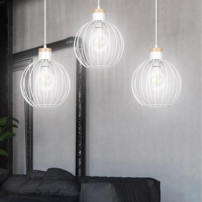 Lampadario 3 Luci Morgana Paralumi A Gabbia In Acciaio Bianco E Legno Naturale