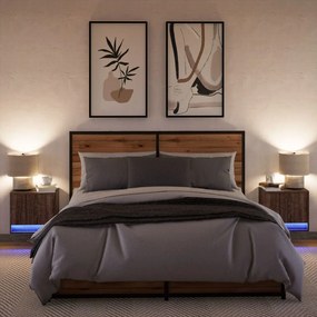 Comodini a parete con luci led 2 pz rovere marrone